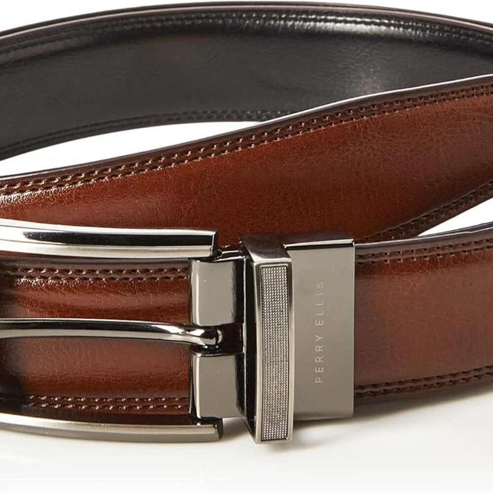 Men's Portfolio Double Stitched Leather Reversible Belt, Brown/Black, Silver Pro